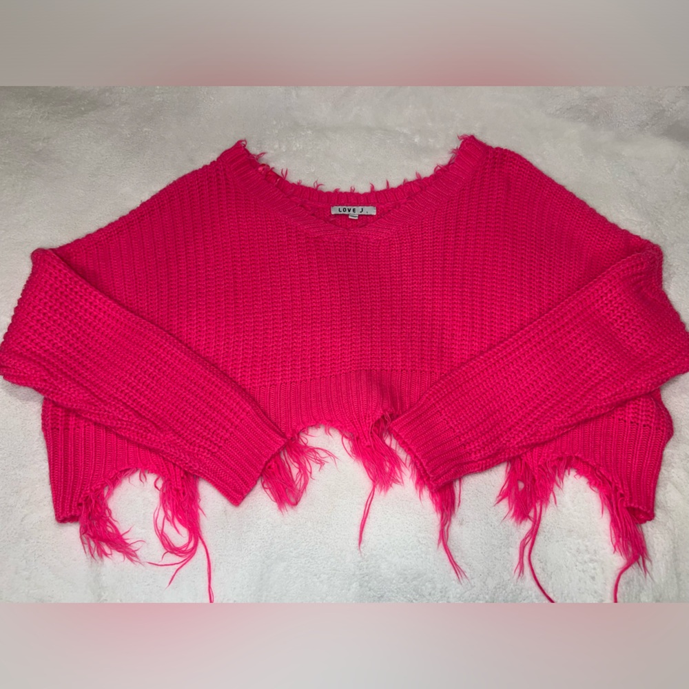 Love J Pink Frayed Hem Sweater